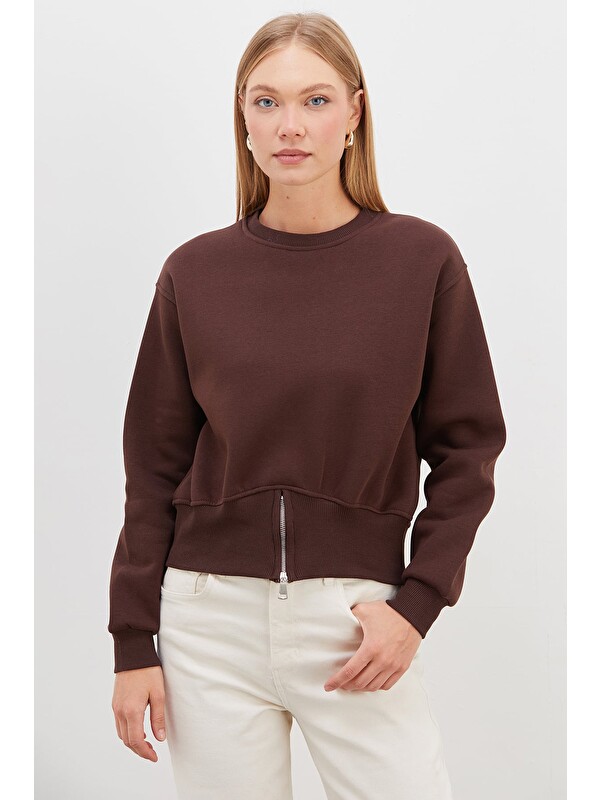 Fullamoda 3 İplik Eteği Fermuarlı Bisiklet Yaka Crop Sweatshirt