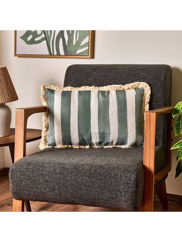 Evidea Soft Line Saçaklı Kırlent - Yeşil / Ekru - 35x55 cm
