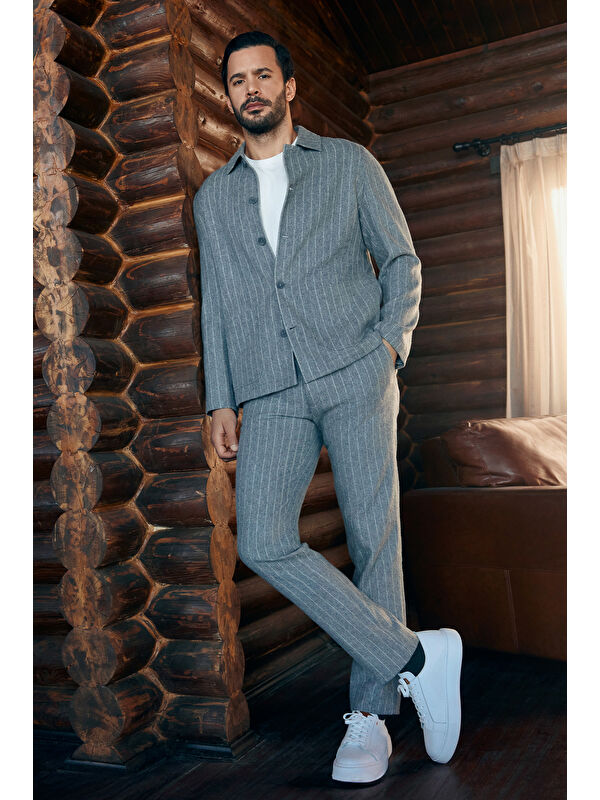 Kiğılı Slim Fit Dar Kesim Yünlü Beli Lastikli İpli Çizgili Klasik Kumaş Pantolon