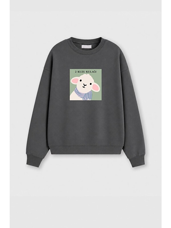 Monila Kadın Premium Kumaş 3 İplik Şardonlu Kuzu Kulağı Baskılı Sweatshirt
