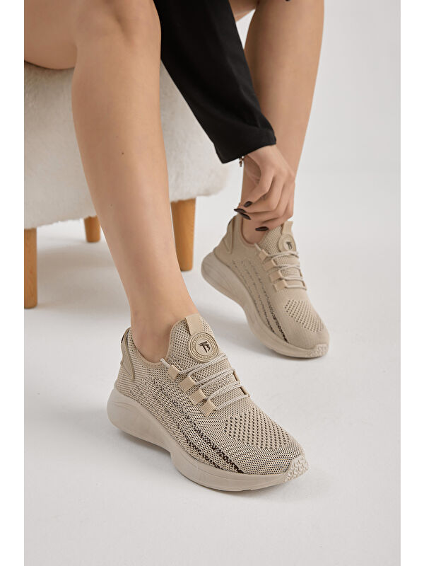 TONNY BLACK Unisex Bej Termo Taban Şerit Detaylı Bağcıklı Triko Spor Ayakkabı