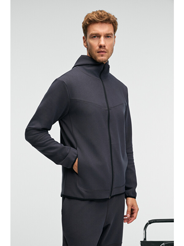 GRIMELANGE AVENER Erkek Kapüşonlu Baskılı Fermuarlı ANTRASİT Sweatshirt