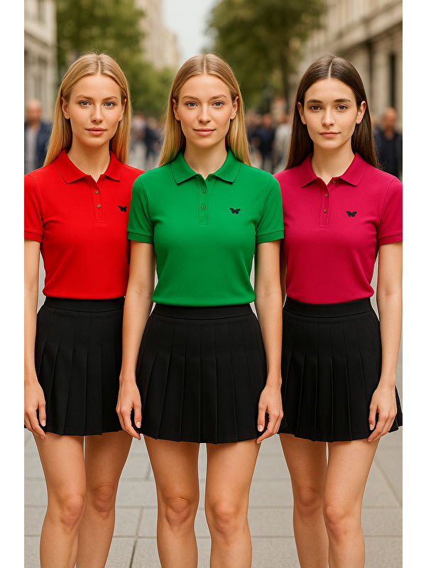 Comstar Kadın Yazlık 3 Lü Paket Basic Arma Polo Yaka Tişört