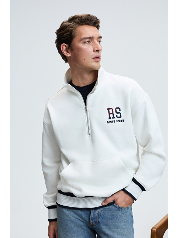 GRIMELANGE PLATA Erkek Yarım Fermuarlı Kanguru Cepli Etek Ve Kolda Triko Detay Relaxed Fit EKRU Sweatshirt