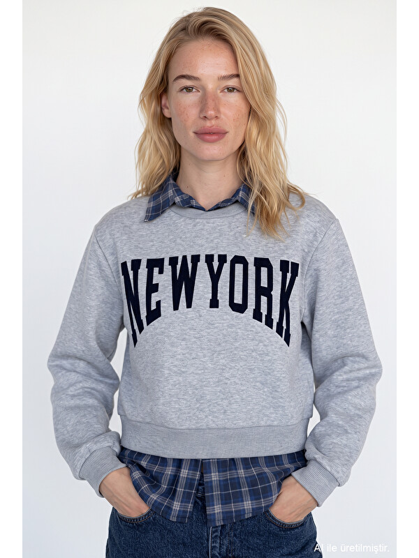 QUZU Ekose Garnili New York Yazılı Oversize Sweatshirt Grimelanj