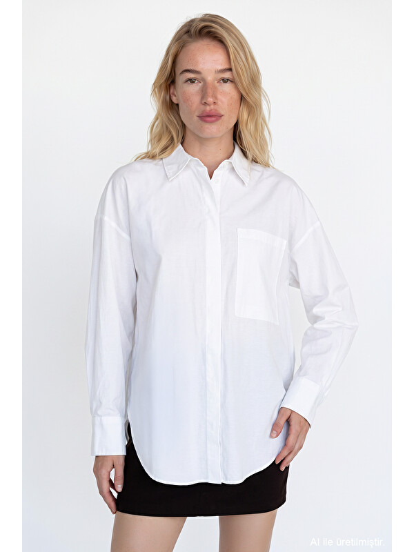 QUZU Sırtı At Nakışlı Oversize Gömlek Ekru