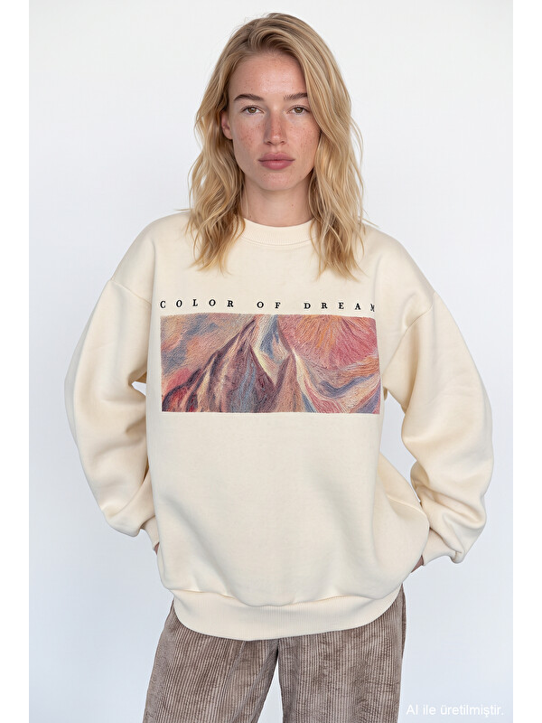 QUZU Grafik Baskılı Oversize Sweatshirt Bej