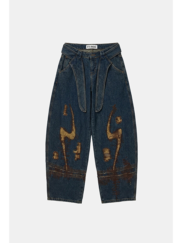 It's Basic Kadın Jean Rengi 1w6-8 Barrel Fit Kemer ve Nakış Detaylı Özel Tasarım Denim Jean