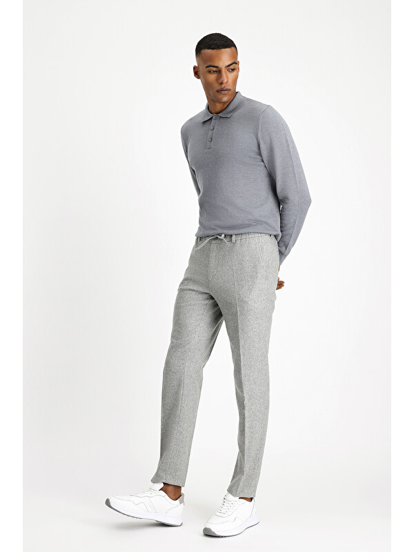 Kiğılı Slim Fit Dar Kesim Yünlü Beli Lastikli İpli Klasik Pantolon