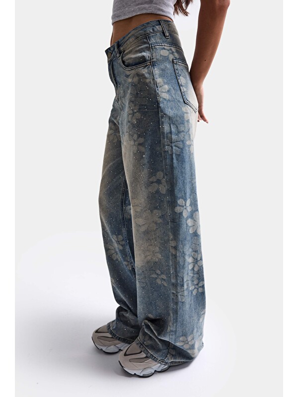 It's Basic Kadın Mavi Baggy Fit T12T Özel Desenli Kumaş Parlak Taşlı Tasarım Denim Jean