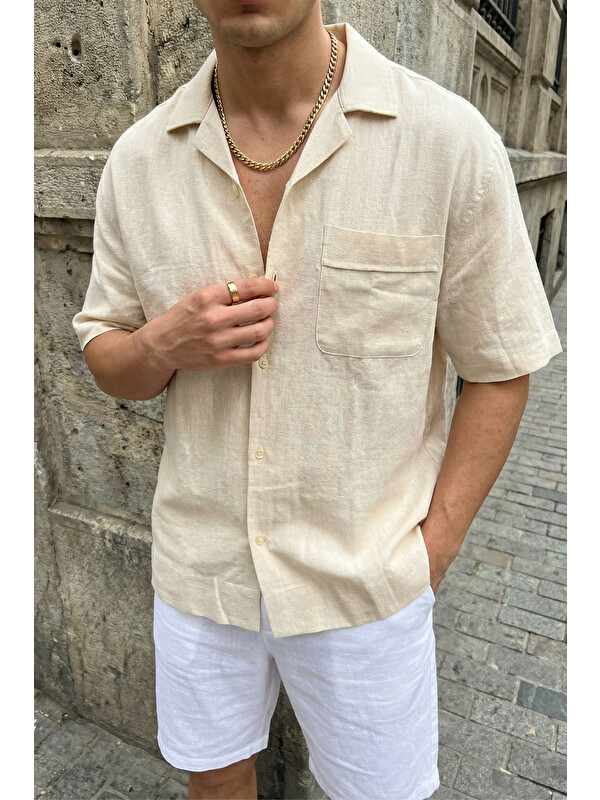 Livio Ferri Akita %100 Pamuk Erkek Kısa Kol Keten Gömlek Relaxed Fit