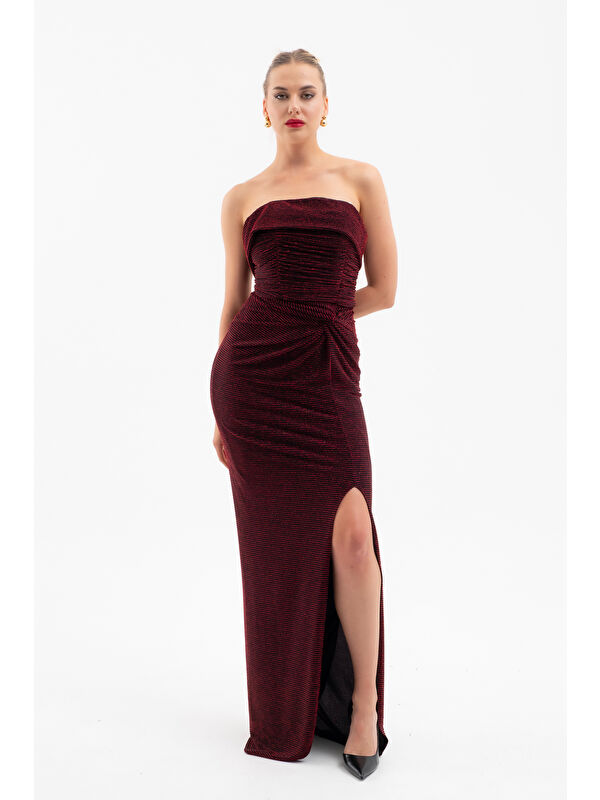 Lafaba Kadın Bordo Dar Kalıp Straplez Yaka Düğüm Detay Uzun Abiye Elbise