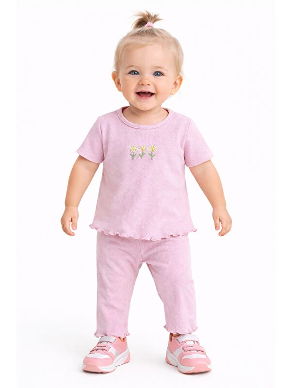 Chicsy Baby Çiçek Nakışlı Fırfır Detaylı Kız Bebek 2’li Takım