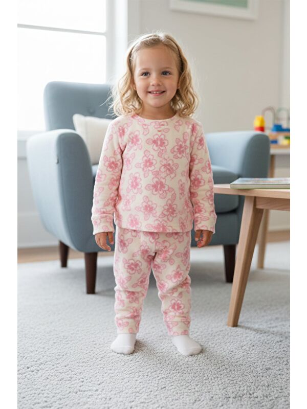 Fullamoda Çiçek Desenli Bisiklet Yaka Polar Kız Çocuk Pijama Takımı