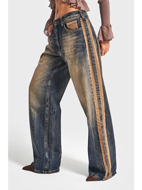 It's Basic Kadın T.Kot Rengi 35w5-85 Straight Baggy Fit Bol Kesim Tasarım Denim Jean