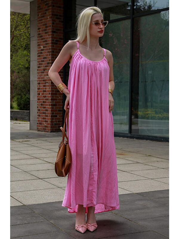 Madmext Pembe Halter Yaka Yırtmaç Detaylı Desenli Uzun Elbise Mg2162