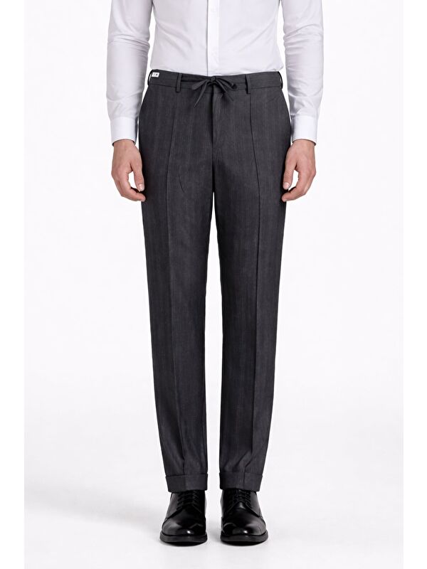 Sabri Özel Giotelli Erkek Antrasit Dar Kesim Slim Fit Viskon Çizgili Klasik Pantolon