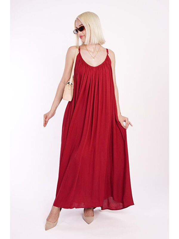 Madmext Bordo Halter Yaka Yırtmaç Detaylı Desenli Uzun Elbise Mg2162