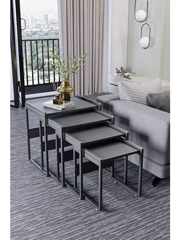 UPSTYLE Mira 4'lü Zigon Sehpa | Antrasit Suntalam, Metal Ayak, İç İçe Geçen Modern Sehpa