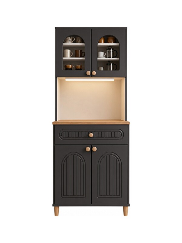 UPSTYLE Barista LED Aydınlatmalı Kahve Köşesi Dolabı Retro Büfe 195cm MDF Antrasit