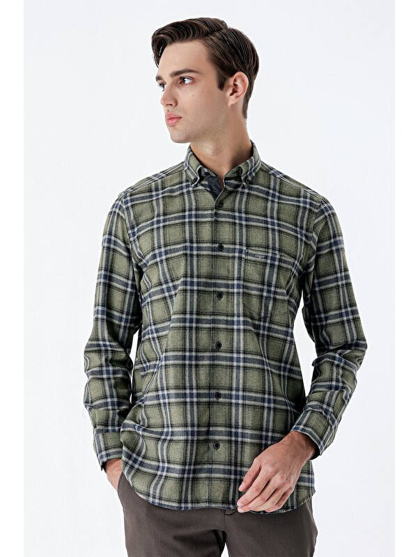 İMZA Koyu Haki Uzun Kollu Ekoseli Gabardin Sert Yaka Cepli Garnili Casual Comfort Fit Gömlek 1004235109