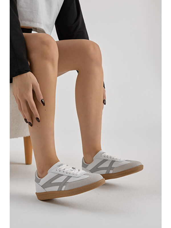 TONNY BLACK Unisex Beyaz Gri Termo Taban Yanı Şeritli Bağcıklı Spor Ayakkabı