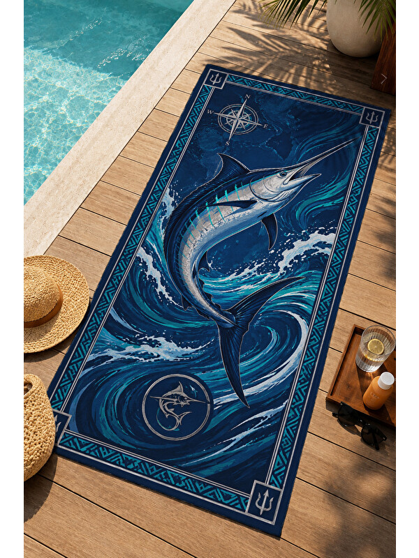Milbay Grup Nautical Mavi Marlin Balığı Dalga Desenli 70x150 Plaj Havlusu - Dijital Baskılı Solmaz Banyo Havlusu