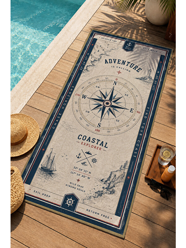Milbay Grup Vintage Adventure Pusula Denizci Desenli 70x150 Plaj Havlusu - Dijital Baskılı Solmaz Banyo Havlusu