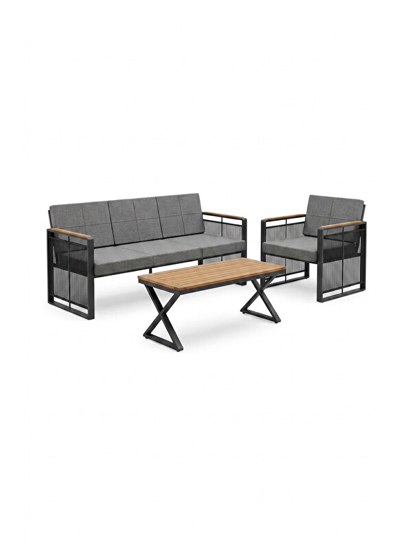 UPSTYLE Maris Bahçe Balkon Oturma Takımı | İp Örgü Metal Karkas, 3+1 Koltuk, Teak Masa