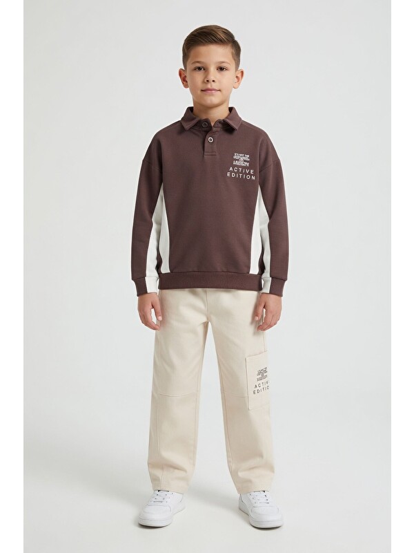 Cansın Mini Kahverengi Polo Yaka Sweatshirt Keten Pantolonlu Erkek Çocuk Takım 24531