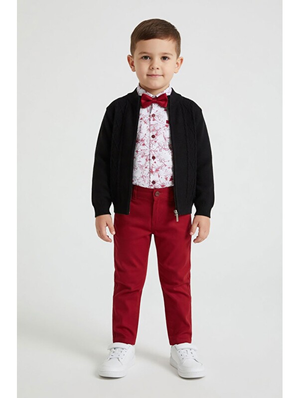 Cansın Mini Bordo Keten Pantolonlu Hırkalı Erkek Çocuk Gömlekli 3lü Takım 24551