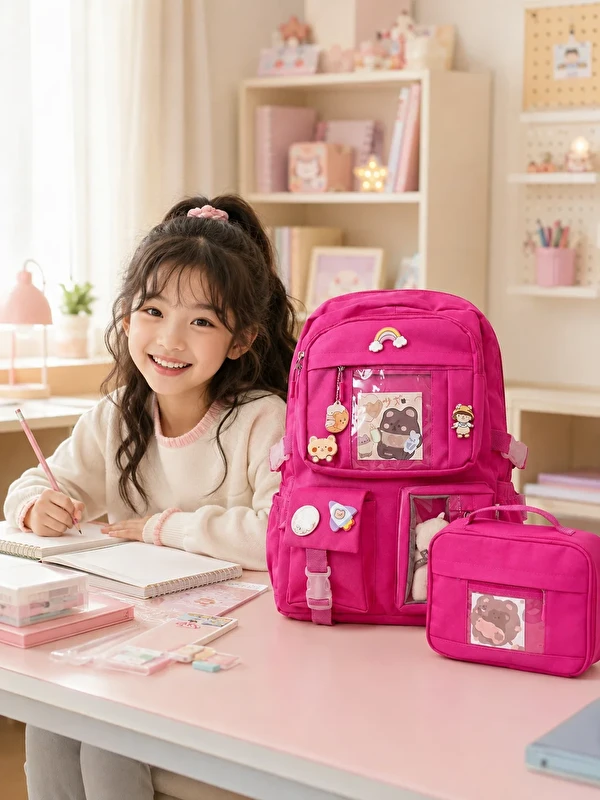 Rocky Tokyo Sevimli Kore Modeli Çok Bölmeli 2'Lİ  Çocuk Okul Çantası