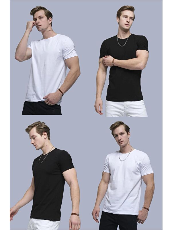 Oksit Ftx 4'lü Paket Slim Fit Likralı Bisiklet Yaka Erkek Basic Tişört
