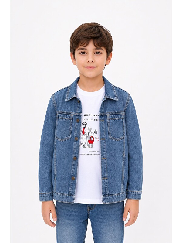 Cansın Mini Mavi Baskılı Tişörtlü Erkek Çocuk Jean Gömlek Takımı 24162
