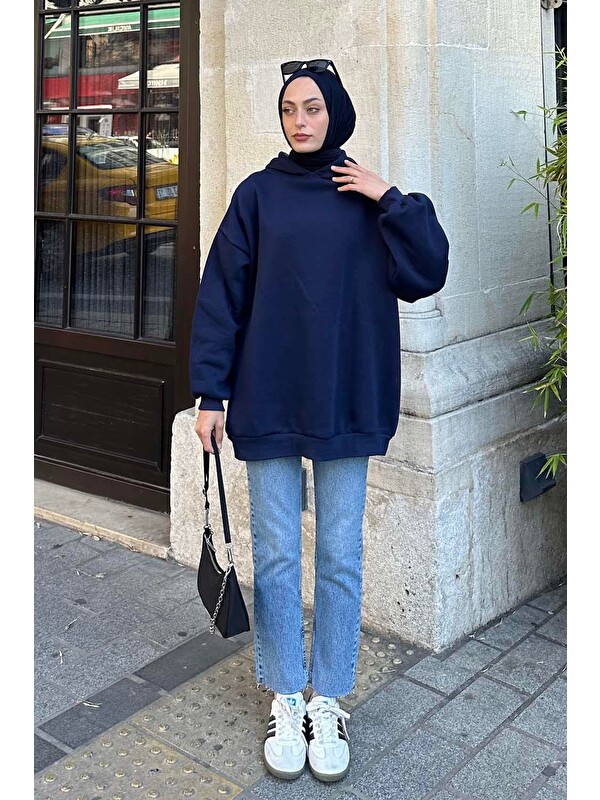 Lamelif Kapüşonlu Salaş Sweatshirt Lacivert