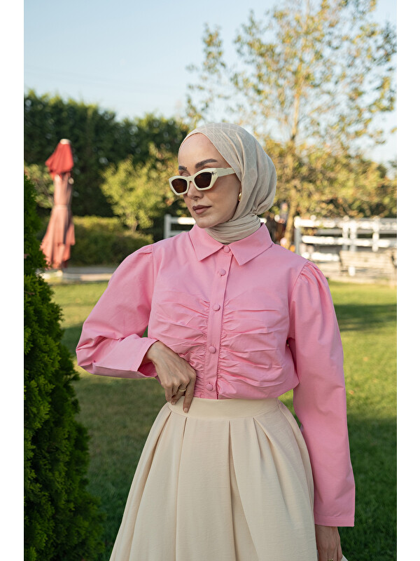 Locco Moda Kadın Büzgü Detay Poplin Gömlek Pembe