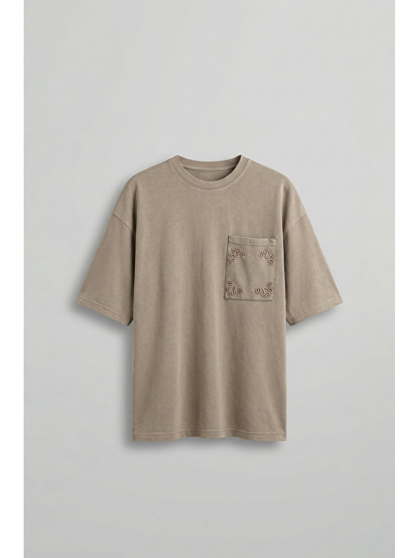 Abluka Online Erkek Oversize Premium Cep Nakışlı T-Shirt Bej