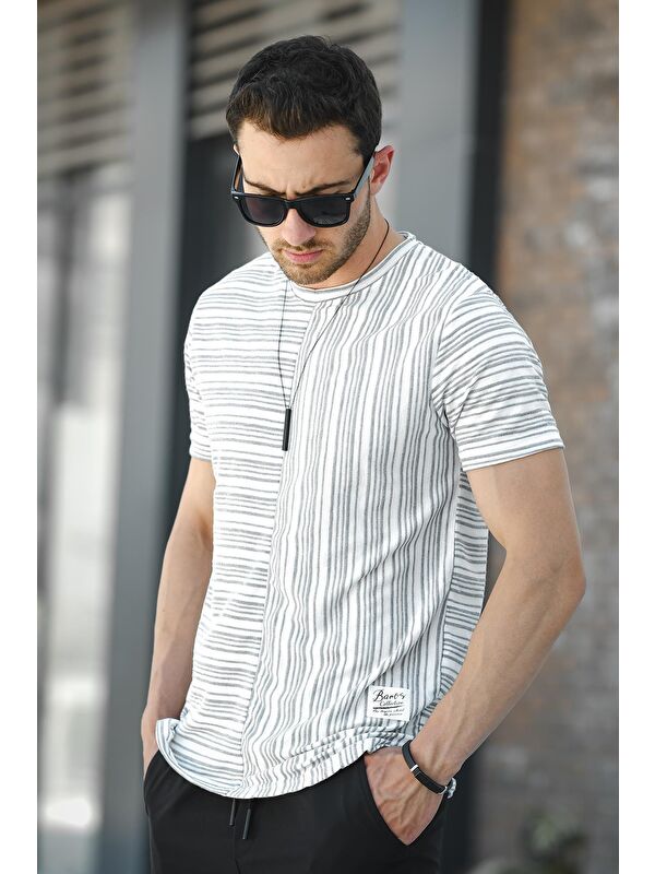 Oksit Nezza Çizgili Parçalı Eteği Oval Slim Fit Likralı Erkek Tişört