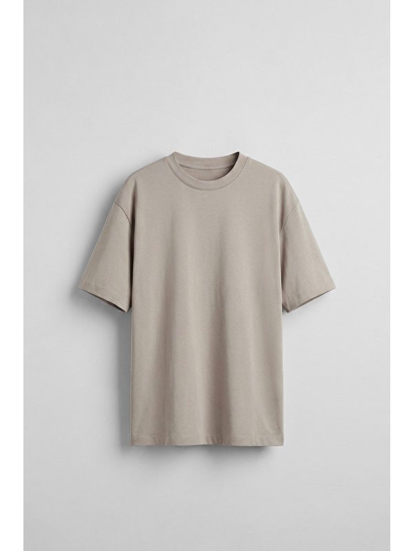 Abluka Online Erkek Oversize Basic Yumuşak Dokulu Rahat T-Shirt Bej