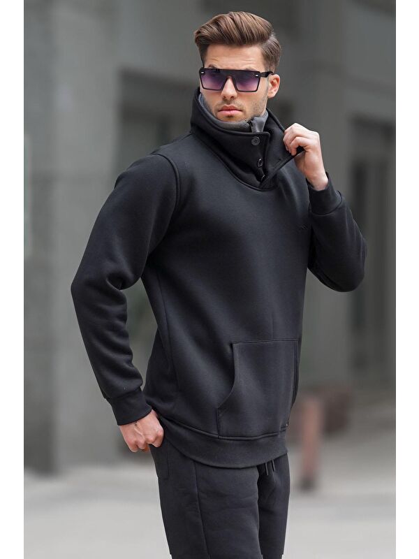 Madmext Triko Yaka Düğmeli Siyah Sweatshirt 4411