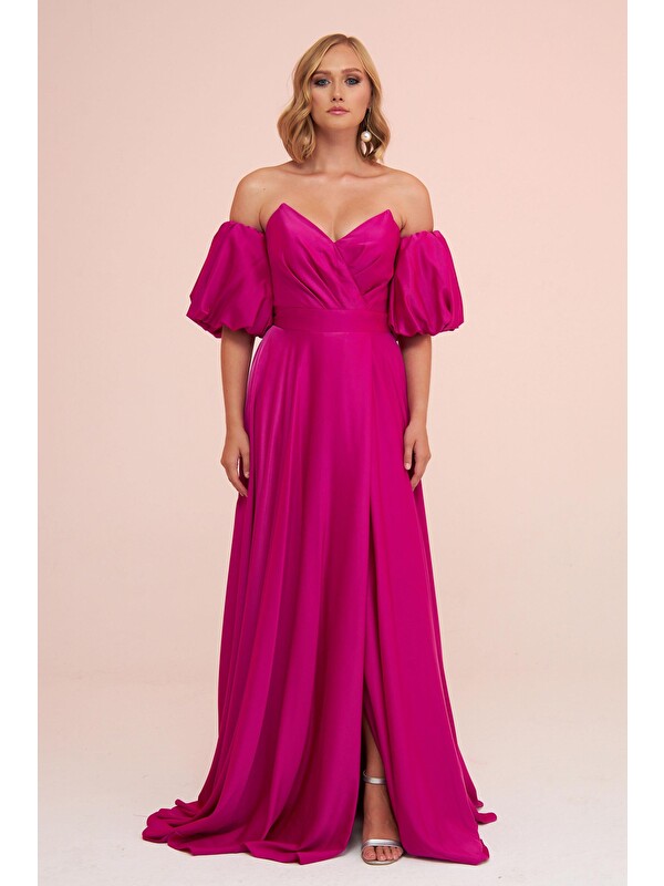 CARMEN Fuşya Saten Balon Kol Yırtmaçlı Uzun Abiye Elbise