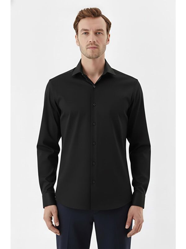 Sabri Özel Erkek Siyah Düz Örme Klasik Yaka Slim Fit Gömlek