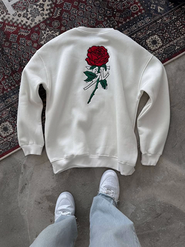 Jane's Unisex Bisiklet Yaka Ön Ve Arka Baskılı SweatShirt - Beyaz