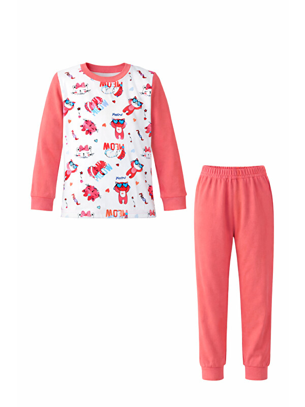 Remsa Kız Çocuk Pamuklu Desenli Pijama Takımı 6068-10 Mercan01