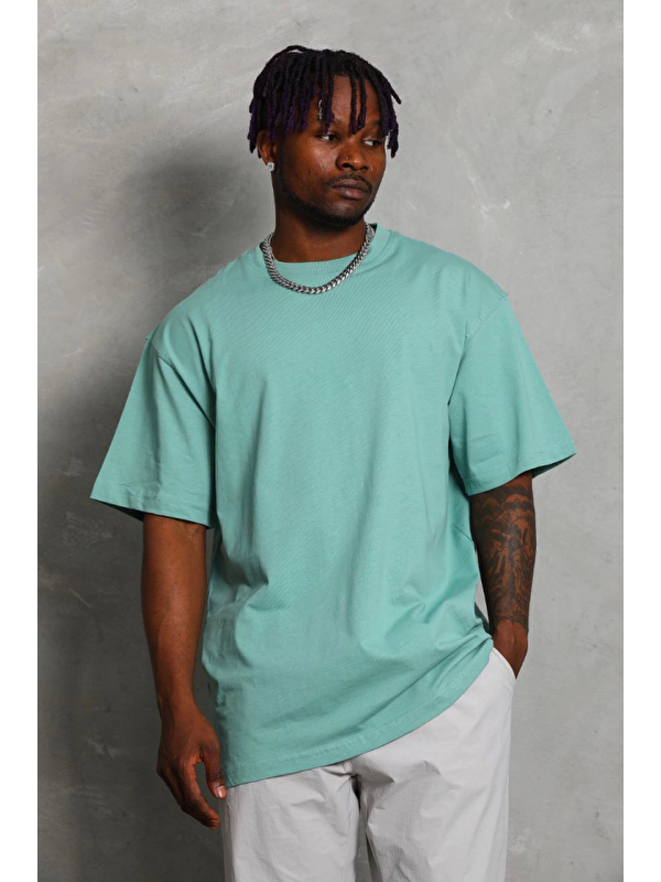 Jane's Unisex Oversize Düz Bisiklet Yaka T-Shirt - Mint Yeşili