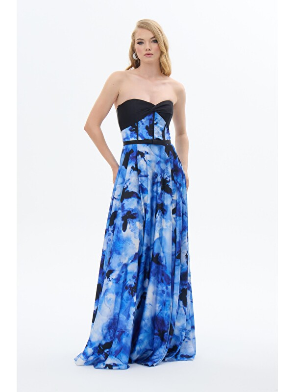 CARMEN Saks Straplez Empirme Desenli Saten Abiye Elbise