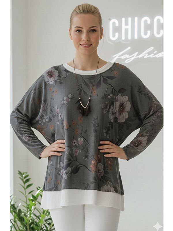Chiccy İtalyan Antrasit Havuz Yaka Uzun Kol Desenli İnce İkili Set İçi Kolsuz Penye Triko Bluz 70 60