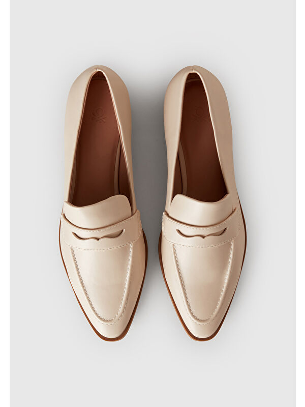 Kadın Taş Rengi Napa Efektli Kısa Topuk Detaylı Sivri Burun Mokasen Ayakkabı - Görsel 5