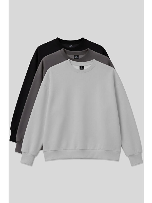 Tommylife Basic Oversıze O Yaka 3lü Paket Siyah-Koyu Gri- Taş Kadın Sweatshirt - 97053