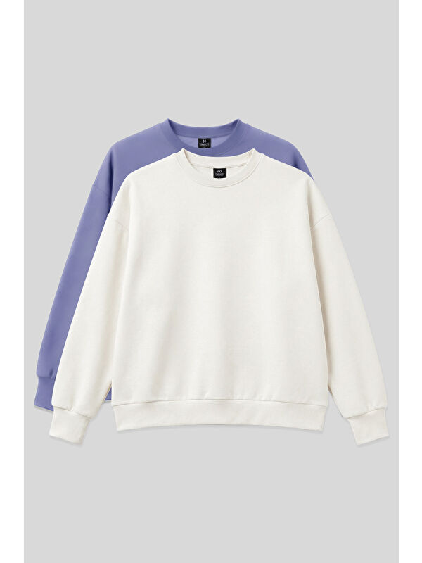 Tommylife Basic Oversıze O Yaka 2li Paket Ekru-Açık Eflatun Kadın Sweatshirt - 97053